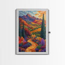 Colorful Mountain, Pathway, Autumn, Framed Canvas Print, Vibrant Fall Landscape Art, Boho Living Room Decor, Nature Wall Painting