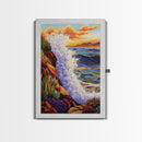 Wave Splash, Cliffside, Sunset, Framed Canvas Print, Bold Ocean Wall Art, Coastal Living Room Decor, Vibrant Beach Seascape Painting