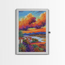 Village Sunset, Clouds, Landscape, Framed Canvas Print, Colorful Scenic Wall Art, Rustic Living Room Decor, Mediterranean Countryside