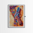 Bold Gun Art, Floral Pistol, Vibrant Western, Pop Art, Framed Canvas Print, Man Cave Wall Art, boho western decor, edgy wall art