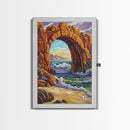 Ocean Arch, Wave Drama, Cliff Coast, Sunset Light, Framed Canvas Print, Living Room Wall Art, Coastal Landscape, Nature Inspired Art