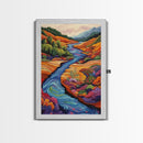 Autumn River Valley, Floral Hillside Art, Bright Fall Landscape, Framed Canvas Print, Seasonal Wall Decor, Living Room Autumn Art