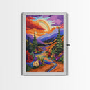 Rainbow Over Mountains, Sunset Pine Forest, Vibrant Landscape, Framed Canvas Print, Kids Room Art, Uplifting Boho Style Wall Decor