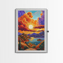 Golden Sky, Mountain Lake, Sunset Clouds, Vibrant Hills — Canvas Print whimsical nature scene, bold landscape wall decor, cozy Autumn vibe