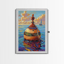 Buoy Ocean Sailboat Painting, Framed Canvas Print, Nautical boho decor, beach home wall art, coastal sunset colors, lakehouse vibe