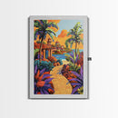 Coastal Village Path, Sunset Vibes, Tropical Getaway, Bright Colors, Framed Canvas Print, Coastal Wall Art, Living Room Decor, Boho Art