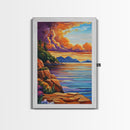 Sunset Shore, Tranquil, Mountains, Framed Canvas Print scenic mountain coast, sunset wall art, calming nature art, bohemian living room decor