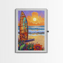 Surfboard Sunset, Ocean View, Floral Beach, Boho Style, Framed Canvas Print, beach lover gift, tropical home decor, coastal living wall art