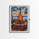 Firepit Sunset, Lake, Campfire, Framed Canvas Print lakeside bonfire painting, cozy outdoor scene, Fall cottage decor, family room wall art