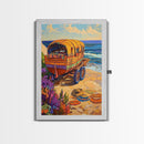 Wagon Ocean, Boho, Beach Scene With Hat Art, Framed Canvas Print, Eclectic Living Room Wall Art, Summer Coastal Decor, Vibrant Colors