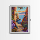 Pathway Ocean, Archway, Colorful Coastal View, Framed Canvas Print, Bohemian Hallway Art, Tropical Escape Decor, Vibrant Travel Scene