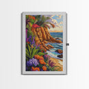 Tropical Coast, Flowers, Waves, Framed Canvas Print vibrant beach cliff wall art, coastal botanical boho decor, Living Room Wall Art