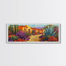 Desert Garden, Adobe Home, Cactus Pathway, Colorful Southwest, Framed Canvas Print, Kitchen Wall Art, Boho Western Decor, Vibrant Desert Scene