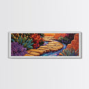 Garden Pathway, Floral Stream Art, Bold Colors, Succulent Garden Style, Framed Canvas Print, Kitchen or Hallway Wall Art