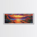 Rocky Sunset, Tranquil Cove, Mountain Glow, Ocean Calm, Framed Canvas Print, vivid sunset art, nature escape, living room decor