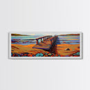 Seaside Pier, Vibrant Coast, Beach View, Framed Canvas Print, coastal artwork, beach house decor, summer vibes, living room art