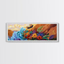 Wave and Flowers Painting, Sailboat Seaside Scene, Bold Floral Coastline Art, Framed Canvas Print, Bathroom Wall Art, Eclectic Art