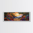 Beach View, Sunset Flowers, Coastal Path, Summer Decor, Framed Canvas Print, Bedroom Wall Art, Bright Floral Landscape Art