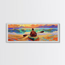 Ocean Kayaker, Waves Sunset, Adventure Spirit, Beach Home Accent, Framed Canvas Print, Coastal Wall Art, Colorful Outdoor Art