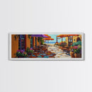 Coastal Café, Ocean View, Umbrella Patio, Bright Florals, Framed Canvas Print, Kitchen Wall Art, Mediterranean Style, Garden Dining Art