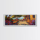 Garden Patio, Seaside Escape, Bright Cottage, Floral Path, Framed Canvas Print, Summer Porch Art, Kitchen Courtyard Painting