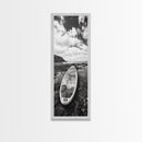 Surfboard Still, Rocky Shore, Beach Vibes, Framed Canvas Print, Coastal Bathroom Wall Art, Minimalist Beach Decor, Summer Style