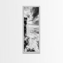 Ocean Waterfall, Coastal Nature, Monochrome Landscape, Framed Canvas Print, Minimalist Bathroom Wall Art, Black White Ocean Art