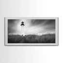 Lighthouse Grass, Seaside Tower, Stormy Sky, Black White, Framed Canvas Print, Beach Bathroom Art, Minimalist Decor, Nautical Print