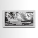 Tropical Coast, Palm Beach, Island View, Cloudy Sky, Framed Canvas Print, Coastal Living Room Art, Beach Wall Decor, Summer Style