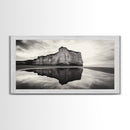 Cliff Reflection, Coastal Monolith, Seashore Beauty, Sunset Vibes, Framed Canvas Print, Living Room Art, Minimalist Beach Scene
