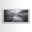 Marshland Serenity, River Flow, Cloudy Mood, Nature Calm, Framed Canvas Print, Coastal Wall Art, Bathroom Tranquil Landscape