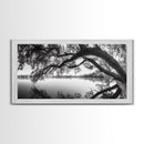 Serene Lake View, Tree Reflections, Calm Nature Landscape, Framed Canvas Print, Minimalist Bedroom or Spa Bathroom Wall Art