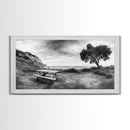 Picnic Table View, Coastal Meadow Scene, Tree and Cliff Horizon, Framed Canvas Print, Relaxing Kitchen or Outdoor Patio Wall Art