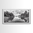 Forest Shoreline, Pebble Beach, Misty Inlet, Calm Waters, Canvas Print, natural modern art, neutral palette, living room wall decor