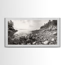 Rocky Coast, Forest Edge, Tranquil Shoreline, Earthy Landscape Scene, Canvas Print, Neutral Home Decor, Rustic Cabin Wall Art