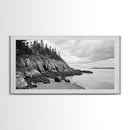 Rocky Shore, Coastal Forest, Black White Landscape, Nature Wall Decor, Framed Canvas Print, Cabin Living Room Art, Fall Inspired Scene