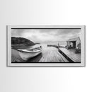 Rowboat Dock, Harbor Scene, Calm Waters, Quiet Morning, Framed Canvas Print, Lakeside Cabin Wall Art, Rustic Nautical Decor, Cabin Decor
