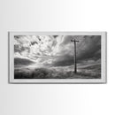 Power Pole, Rural Landscape, Stormy Sky, Country Calm, Framed Canvas Print, farmhouse entryway wall art, rustic black and white print