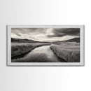 River Valley, Flowing Stream, Grassy Hills, Wilderness Calm, Framed Canvas Print, rustic home decor, Fall art, cabin wall landscape print
