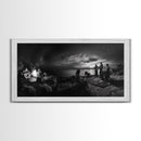 Campfire Gathering, Boho Night Vibes, Music Outdoors Scene, Framed Canvas Print, Living Room Wall Art, Folk Rustic Aesthetic