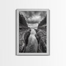 Rocky Waterway, Coastal Reflections, Dramatic Cloudscape, Ocean Nature Print, Framed Canvas Print, Bathroom Wall Art, Modern Rustic Style