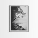 Misty Tree, Shoreline Fog, Forest Edge, Moody Atmosphere, Framed Canvas Print, Bedroom Wall Art, Autumn Woodland Style, Serene Nature Decor