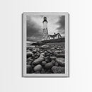Lighthouse Shore Rocks, Coastal Beacon, Moody Clouds, Framed Canvas Print, Nautical Wall Art, Rustic Beach House Decor, Fall Storm Style