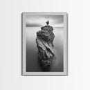 Solitary Cliff Tree, Calm Waters, Moody Horizon, Framed Canvas Print, Minimalist Nature Wall Art, Office Wall Decor, Zen Art