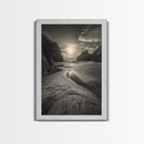 Secluded Beach, Sunset Glow, Reflected Light, Framed Canvas Print, Tranquil Ocean Wall Art, Modern Bedroom Decor, Zen Vibes
