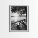 Peaceful Lake Bench, Tranquil Sunrise, Tree Shade View, Nature Serenity, Framed Canvas Print, Minimalist Art, Bedroom Wall Decor