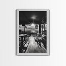 Ocean, Deck, Sunset, Rays - Golden hour beach bar shadows, Canvas Print, perfect dining room or kitchen wall art, rustic coastal decor