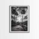 Palm Sunset, Desert Light, Silhouetted Trees, Framed Canvas Print, Tropical Boho Wall Art, Sunset Living Room Decor, Moody Nature Style