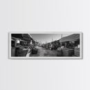 Mediterranean Market Scene, Travel Wall Decor, Rustic Street View, Framed Canvas Print, Kitchen Wall Art, Black and White Photography