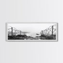 Barbed Coast, Foggy Beach, War Fence, Ocean Boundary, Framed Canvas Print, Industrial Wall Art, Living Room Decor, Black and White Art